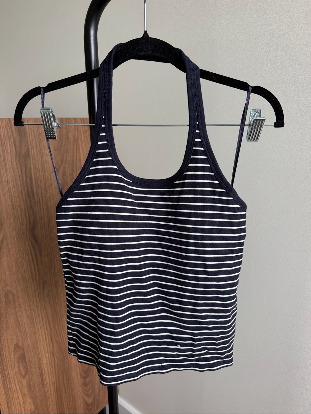 Uniqlo Black & navy Striped Ribbed Built-In Bra Halter Tank Top Size L